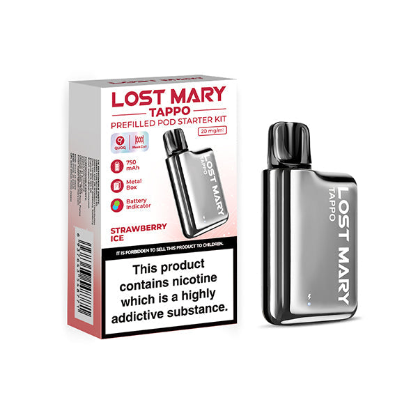 Lost Mary Tappo Pod Kit 20mg - Silver Stainless Steel & Strawberry Ice